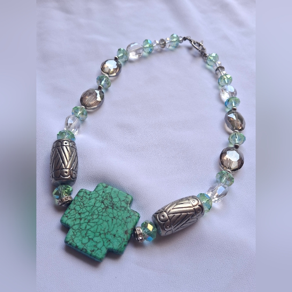 Vintage Turquoise Silver & Crystal Beaded Necklace